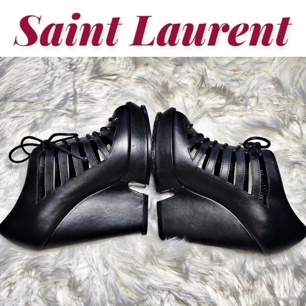 ❤️‍🔥❤️‍🔥❤️‍🔥 YSL Hortense Caged Lace Up Leather Wedge Booties, Size 6